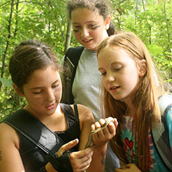 three girls look at a garter snake that one is holding