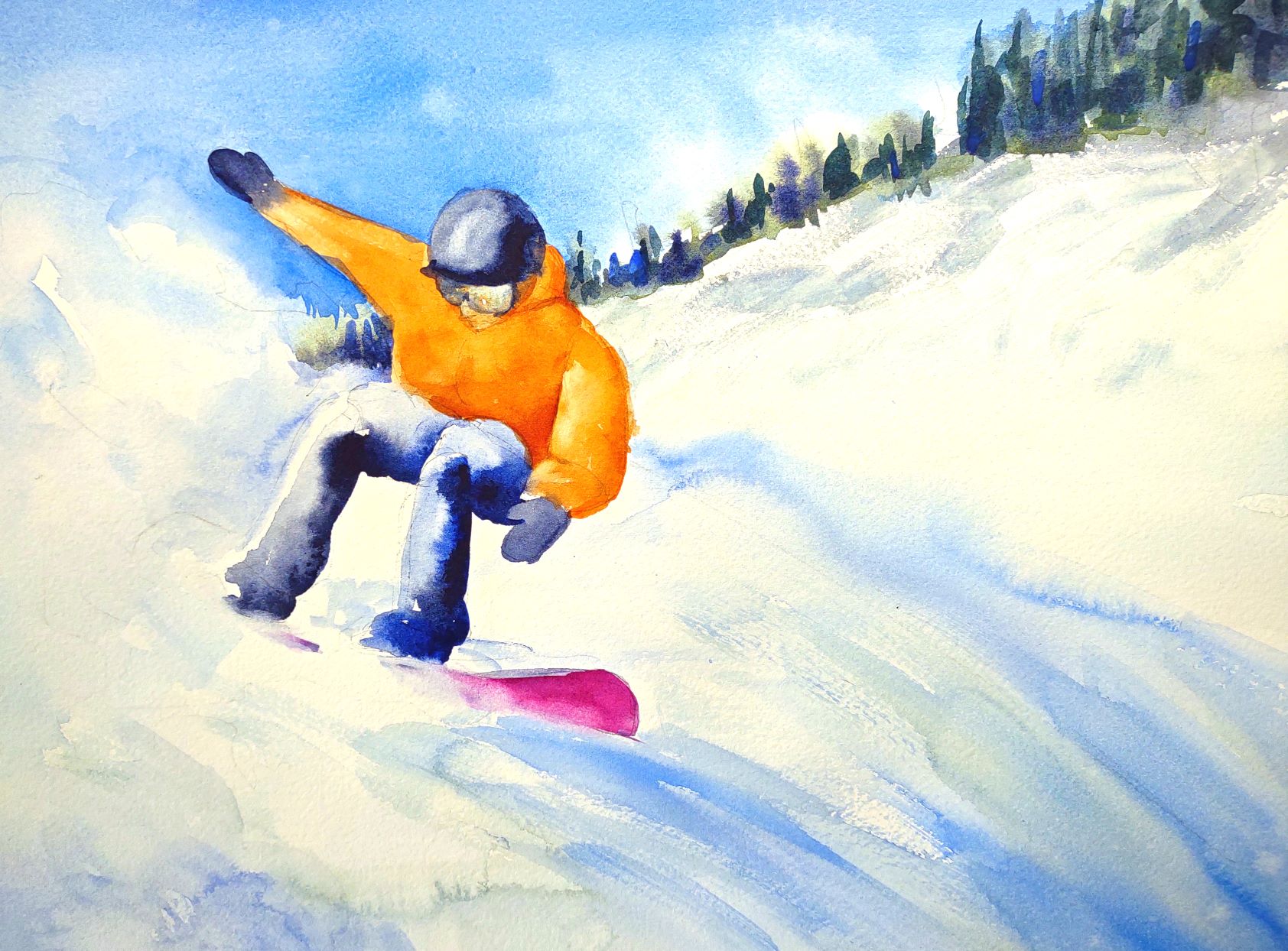 Watercolor painting of a snowboarder in Sally Stormon's art piece "Shreddin'"