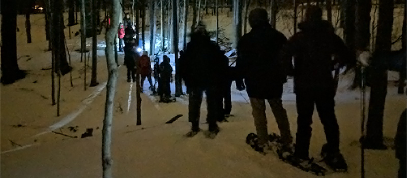 Hikers at Baltimore Woods snowshoeing in a night program.