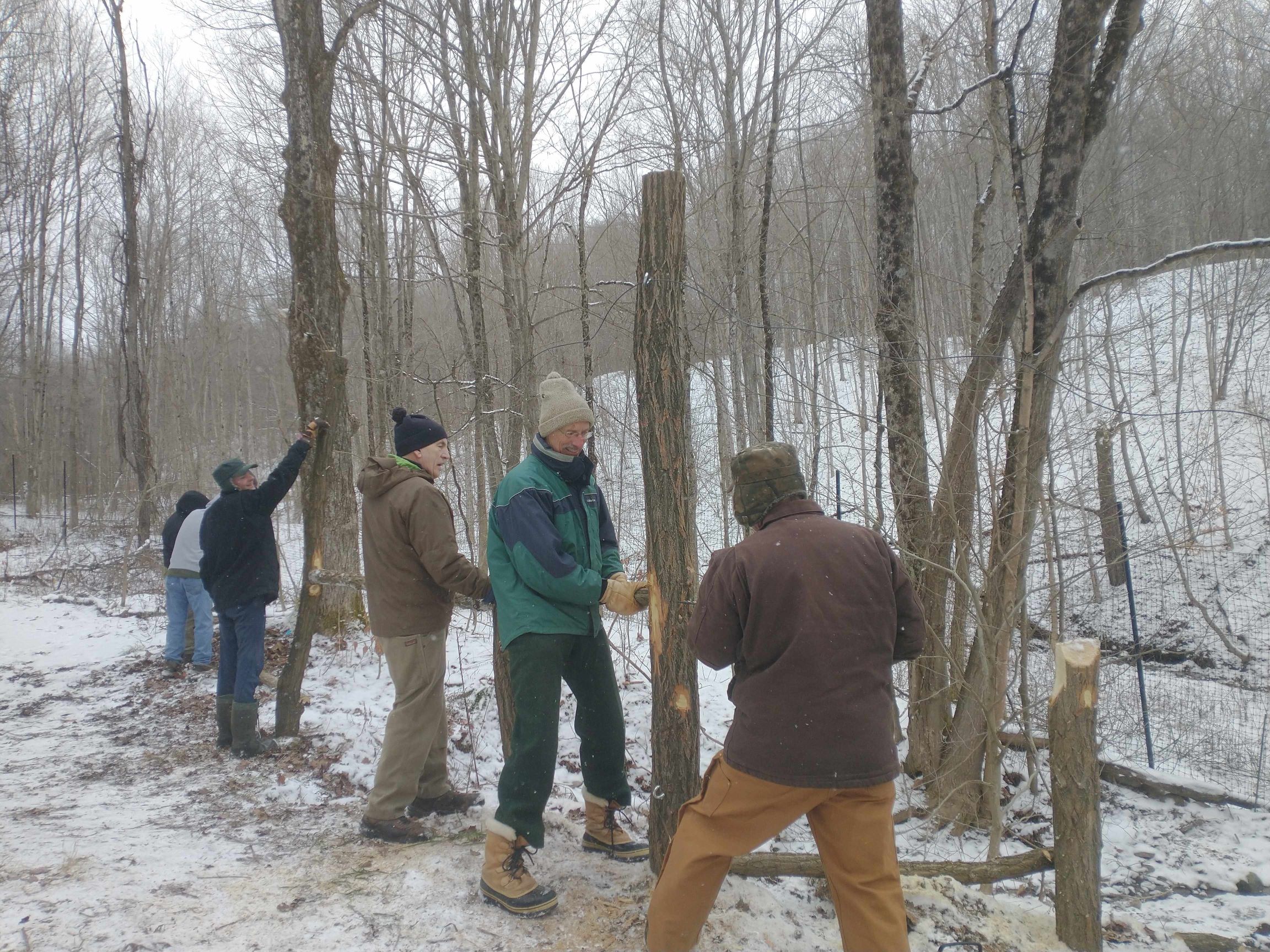Volunteers working outdoors in the winter at Baltimore Woods Nature Center.
