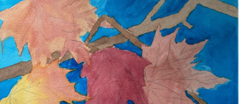 Watercolor painting of leaves on a branch
